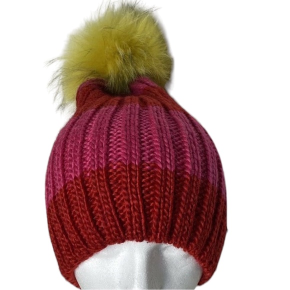 Hat Attack Womens Fur Pom Pom Knit Happy Stripes Beanie NWOT Red/Pink/Yellow - Picture 3 of 6